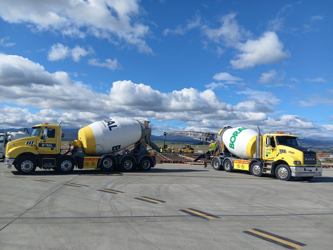Boral concrete trucks on airport runway in tasmania
