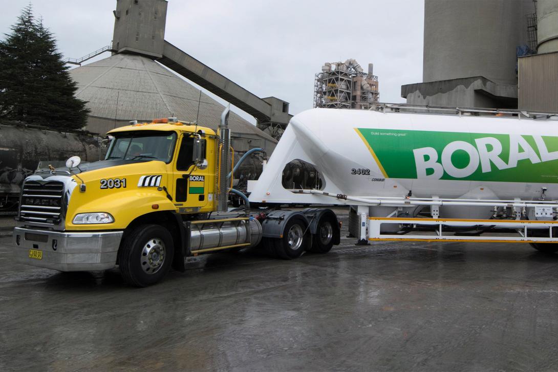 Cement tanker parked in front of batching plant