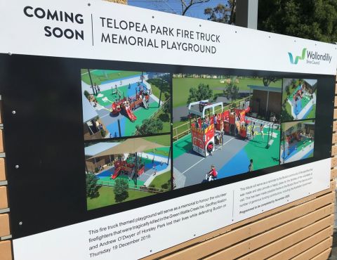 The project information board for the NSW Rural Fire Service Playground and Memorial Project in Telopea Park, Buxton