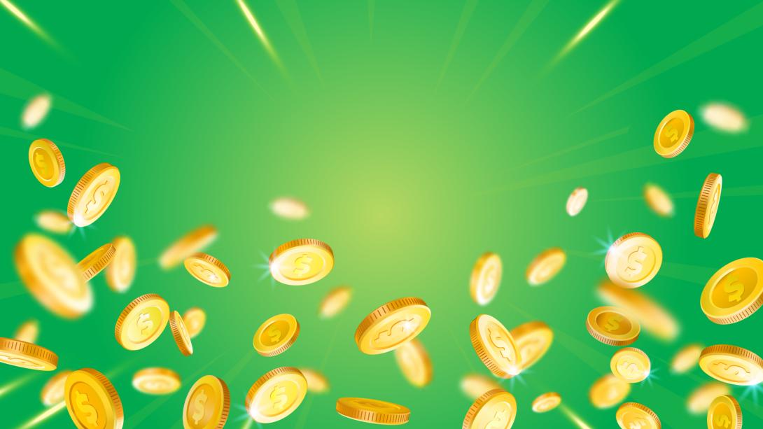 Gold coins on green background